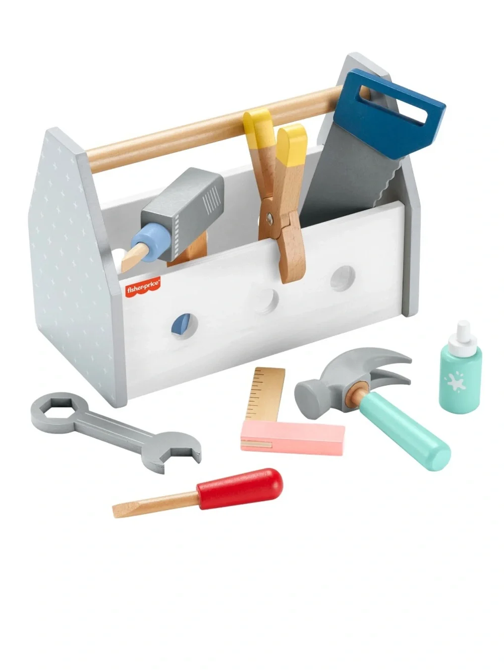 Fisher-Price Wooden Tool Box with Toy Drill Hammer Pliers Saw Wrench *NEW*